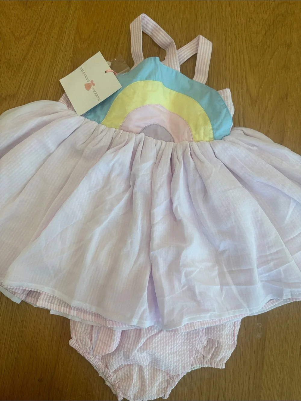 Pastel Rainbow Dress & Bloomers - Blue, Yellow, Pink, Cream - Unbranded